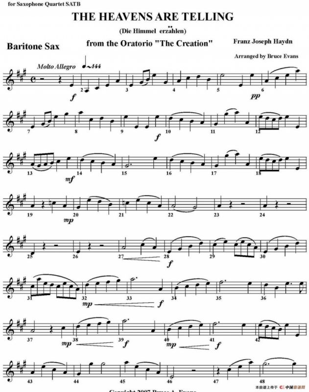 THE HEAVENS ARE TELLING（四重奏·上低音萨克斯分谱）