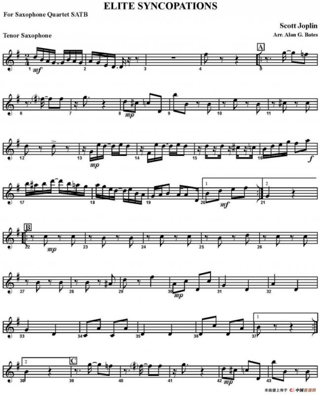 ELITE SYNCOPATIONS（四重奏·次中音萨克斯分谱）