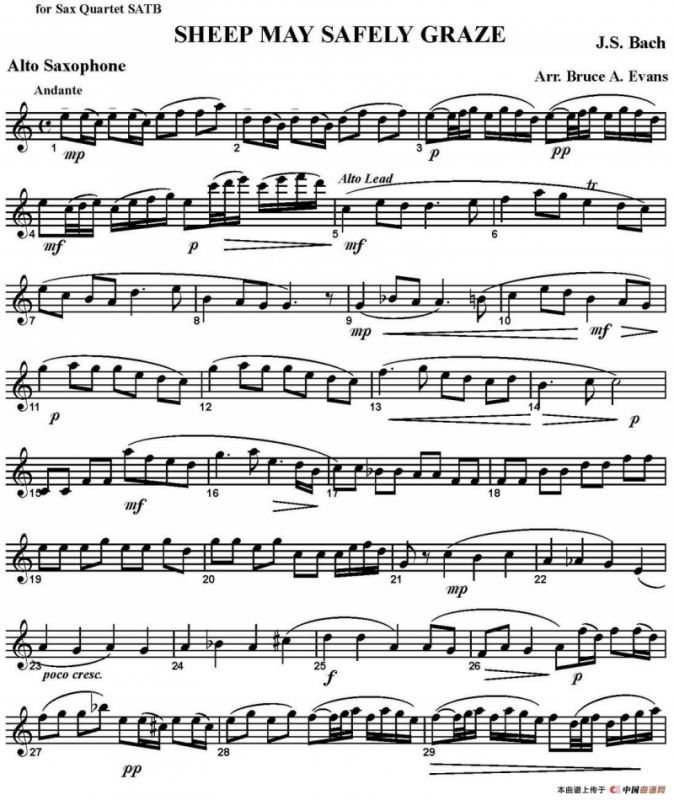 SHEEP MAY SAFELY GRAZE（四重奏·中音萨克斯分谱）