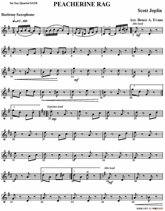 PEACHERINE RAG（四重奏·上低音萨克斯分谱）