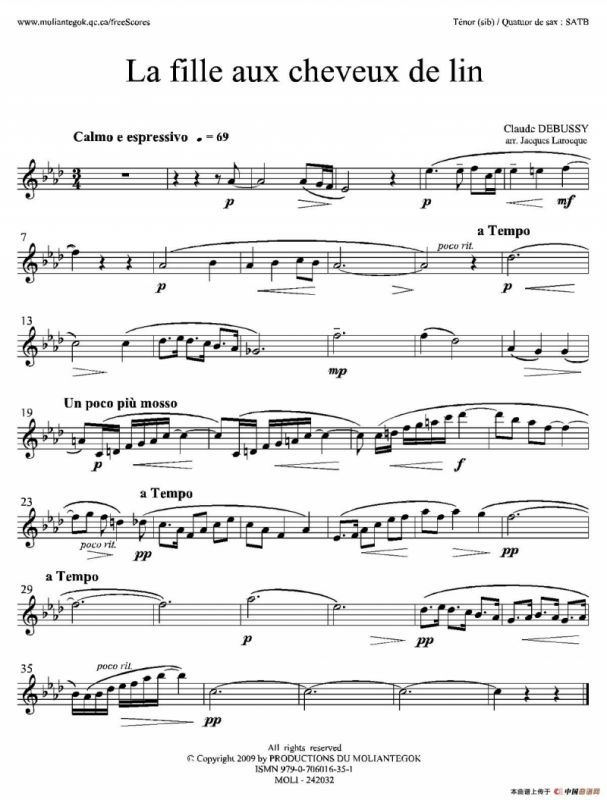 亚麻色头发的少女（四重奏次中音萨克斯分谱）