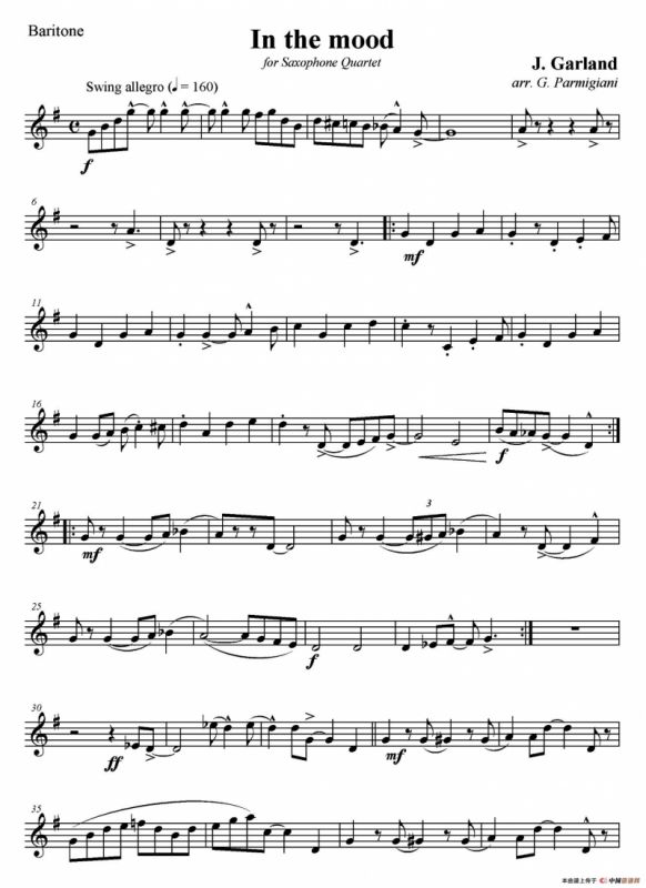 In The Mood（情绪）（四重奏上低音萨克斯分谱）