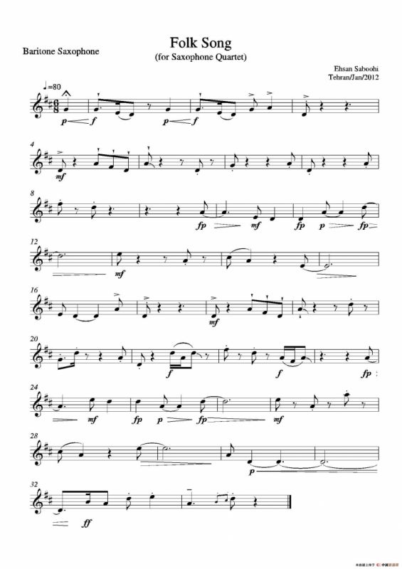 Folk Song（四重奏上低音萨克斯分谱）
