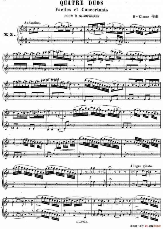 H·Klose练习曲（Quatre Duos Faciles et Concertants Pour 2 Saxophones—No.3）