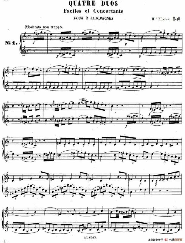 H·Klose练习曲（Quatre Duos Faciles et Concertants Pour 2 Saxophones—No.1）