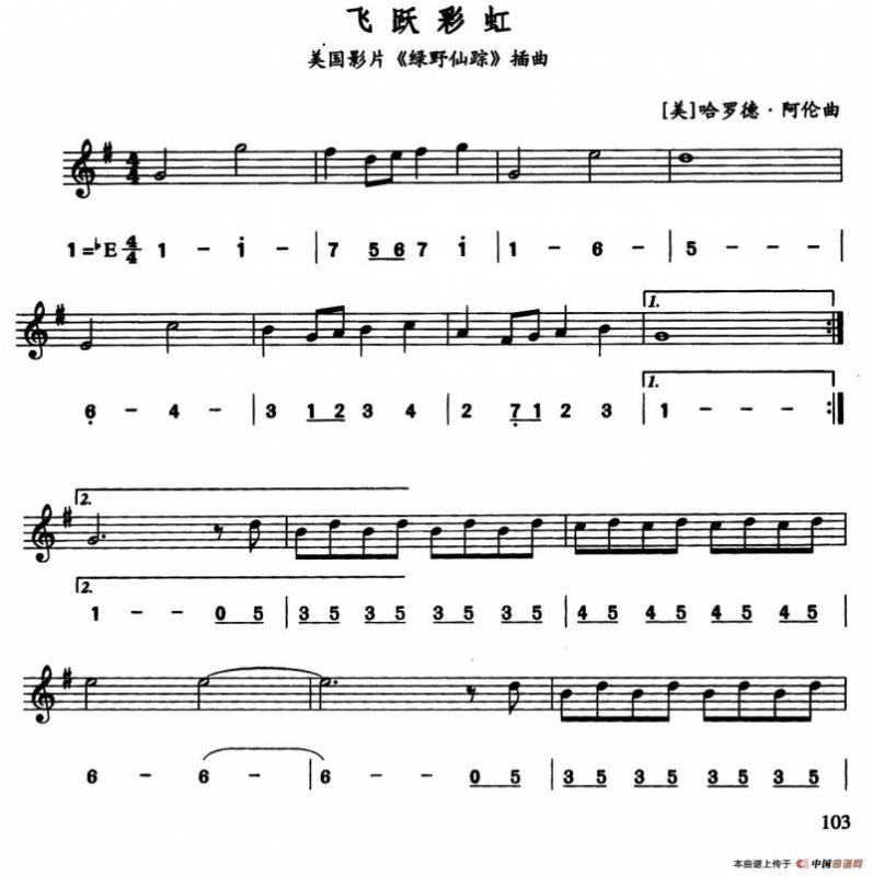 飞越彩虹（美国电影《绿野仙踪》插曲）（线简谱对照版）