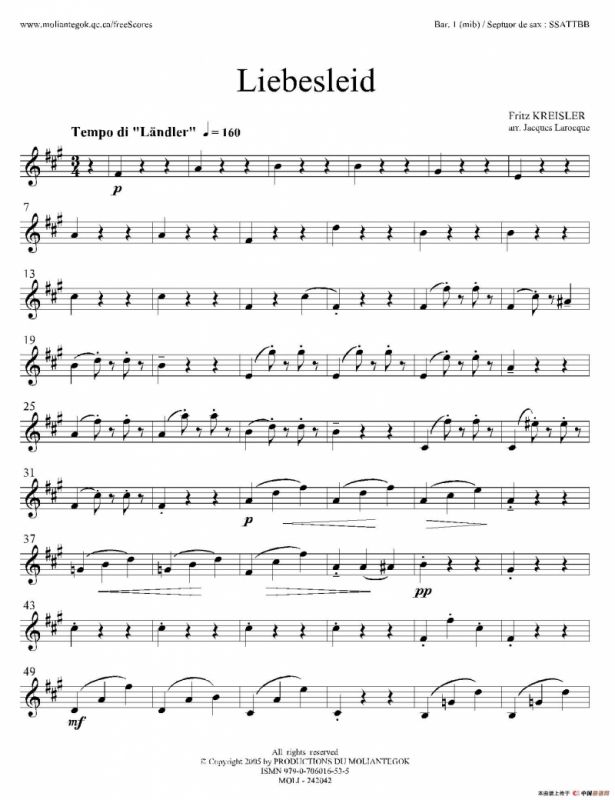 Liebesleid（四重奏、第1、2上低音萨克斯分谱）