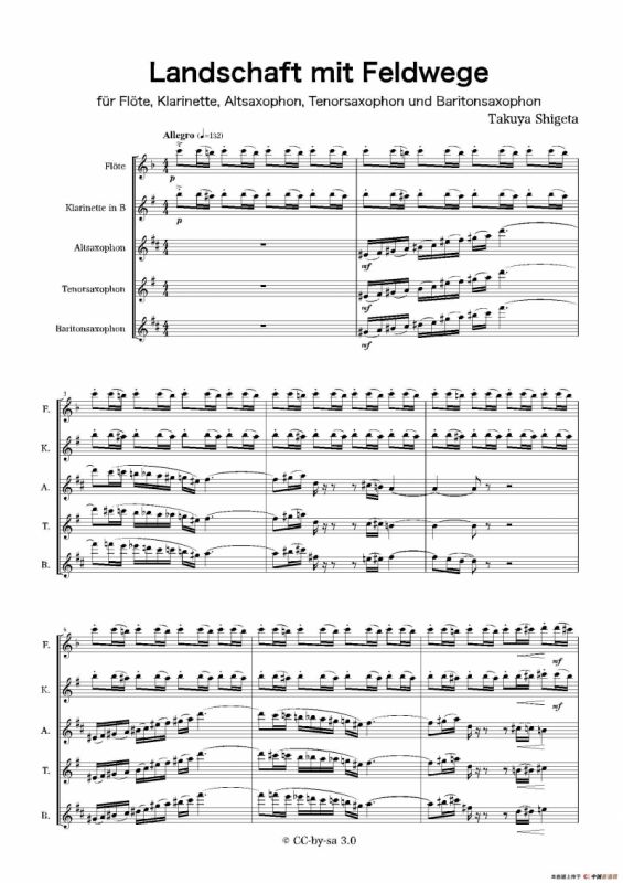 Landschaft mit Feldwege（木管五重奏、总谱）