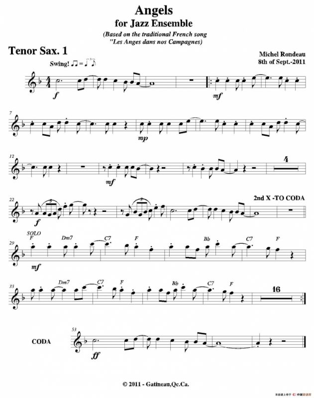 Angels for Jazz Ensemble（第一次中音萨克斯分谱）