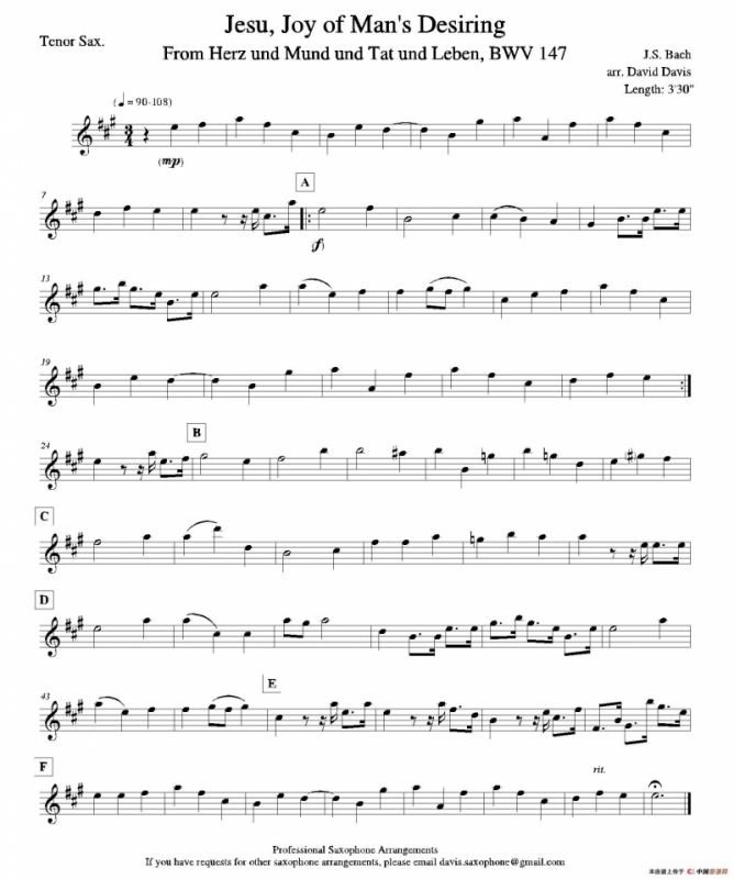 Jesu,Joy of Mans Desiring（四重奏次中音萨克斯分谱）
