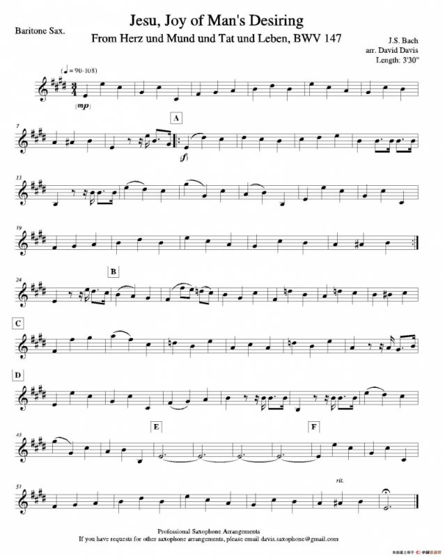 Jesu,Joy of Mans Desiring （四重奏上低音萨克斯分谱）
