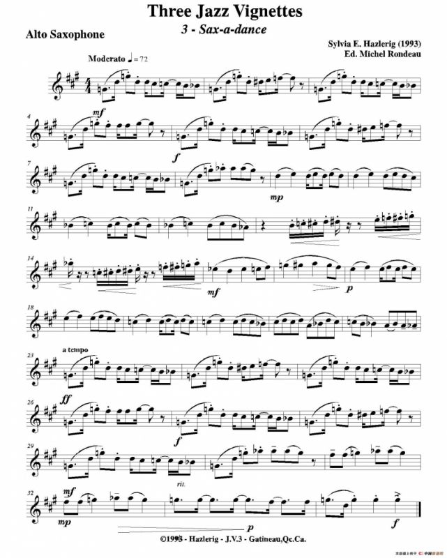 Three jazz vignettes（第三乐章）（三重奏中音萨克斯分谱）