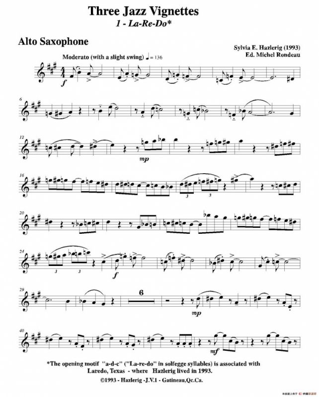 Three jazz vignettes（第一乐章）（三重奏中音萨克斯分谱）