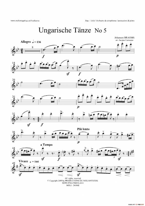 Ungarische Tnze No 5（十五重奏Sop.1-2分谱）