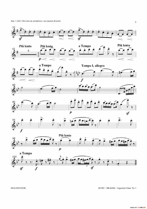 Ungarische Tnze No 5（十五重奏Sop.1-2分谱）