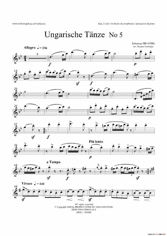 Ungarische Tnze No 5（十五重奏Sop.1-2分谱）