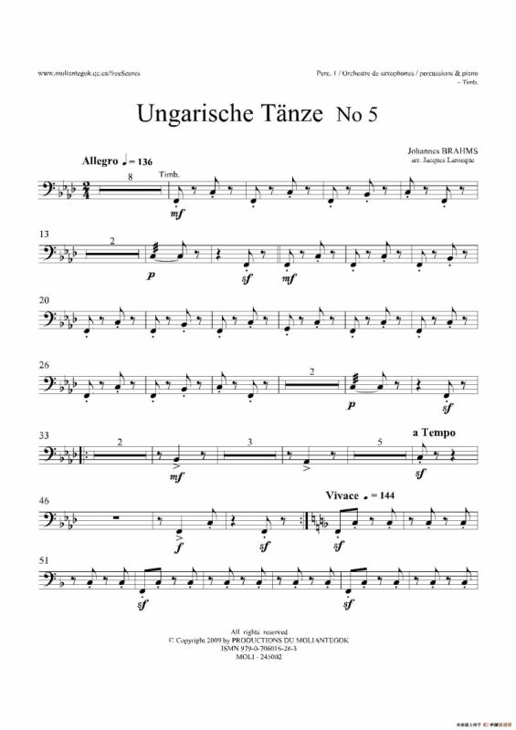 Ungarische Tnze No 5（十五重奏Perc.1-2-3-4-5分谱）