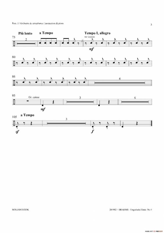 Ungarische Tnze No 5（十五重奏Perc.1-2-3-4-5分谱）