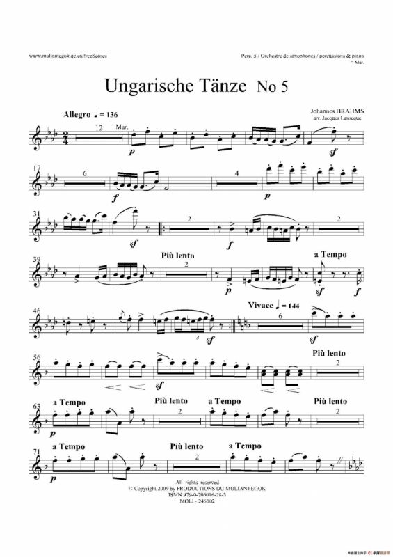 Ungarische Tnze No 5（十五重奏Perc.1-2-3-4-5分谱）