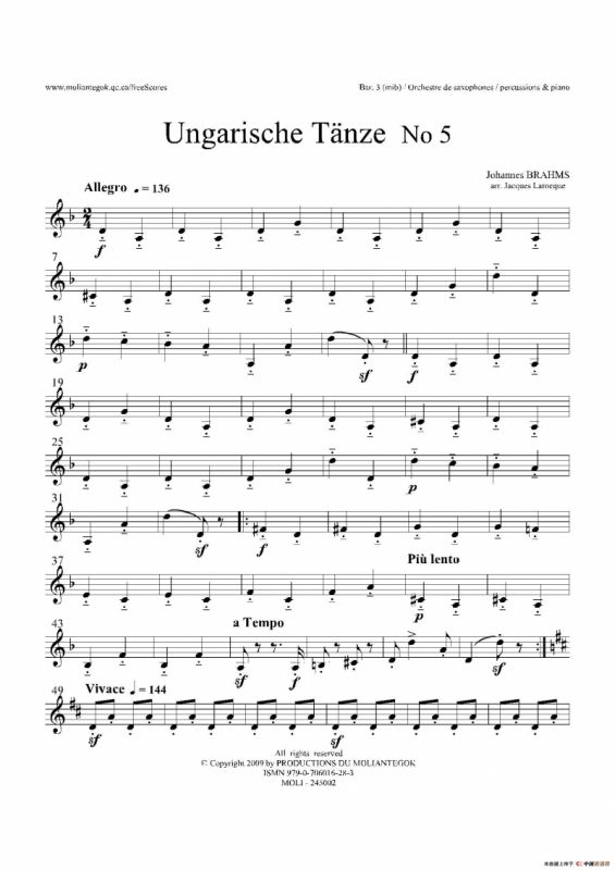 Ungarische Tnze No 5（十五重奏Bar.1-2-3分谱）
