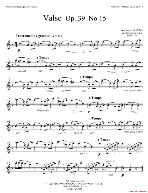 圆舞曲 Op39 No15（四重奏中音萨克斯分谱）