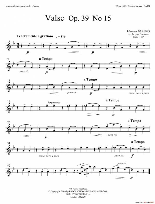圆舞曲 Op39 No15（四重奏次中音萨克斯分谱）