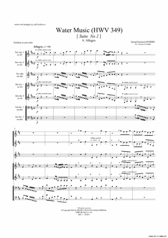 Water Music（HWV.349 No.2）（萨克斯合奏总谱）