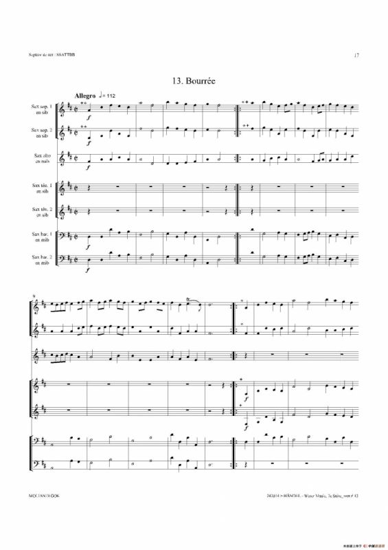 Water Music（HWV.349 No.2）（萨克斯合奏总谱）