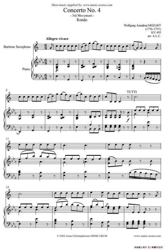 Mozart：Concerto KV495 No.4-3st Rondo 回旋曲（上低音萨克斯+钢琴伴奏）