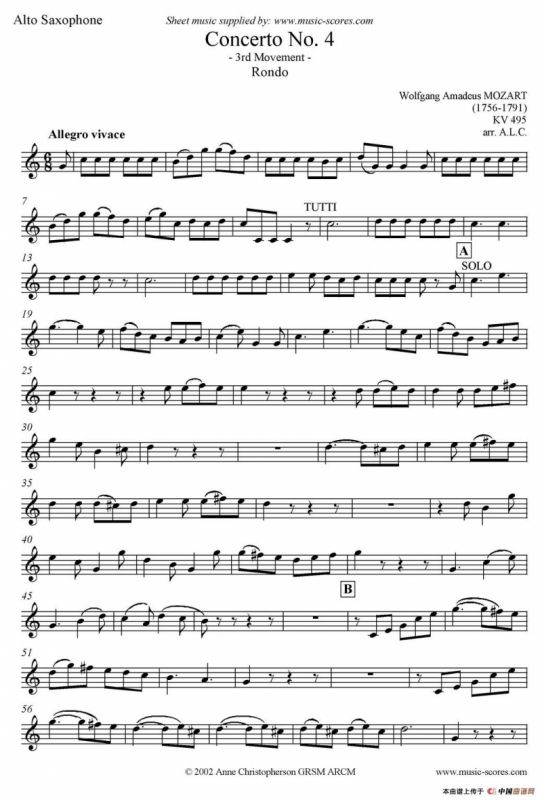 Mozart：Concerto KV495 No.4-3st Rondo 回旋曲（中音萨克斯）