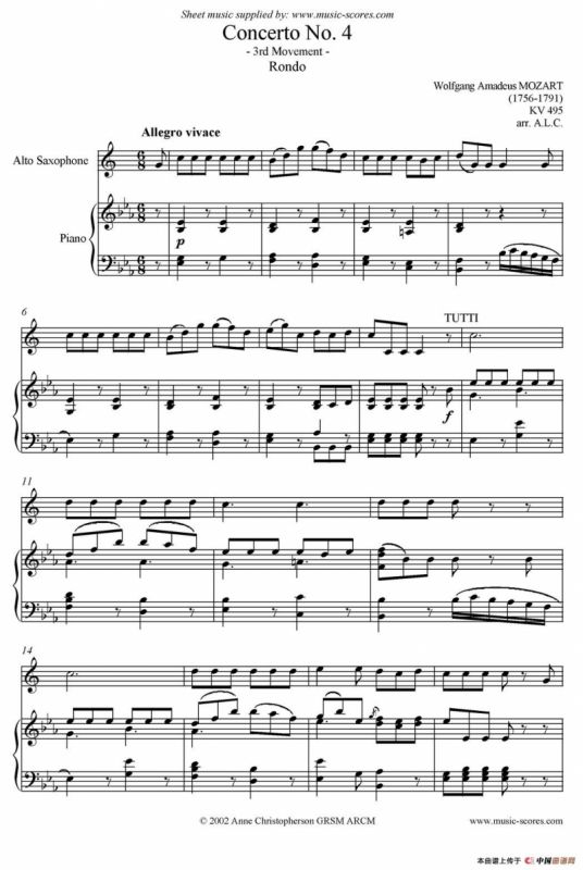 Mozart：Concerto KV495 No.4-3st Rondo 回旋曲（中音萨克斯+钢琴伴奏）