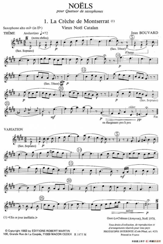 jean Bouvard 编写的6首萨克斯四重奏（中音萨克斯分谱）