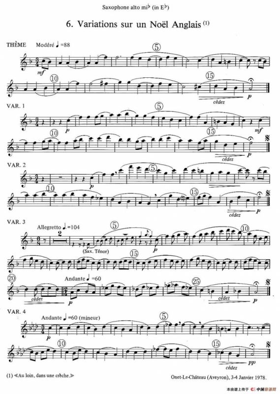 jean Bouvard 编写的6首萨克斯四重奏（中音萨克斯分谱）