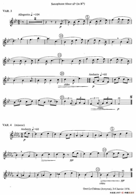 jean Bouvard 编写的6首萨克斯四重奏（次中音萨克斯分谱）