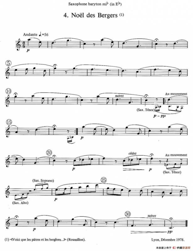 jean Bouvard 编写的6首萨克斯四重奏（低音萨克斯分谱）