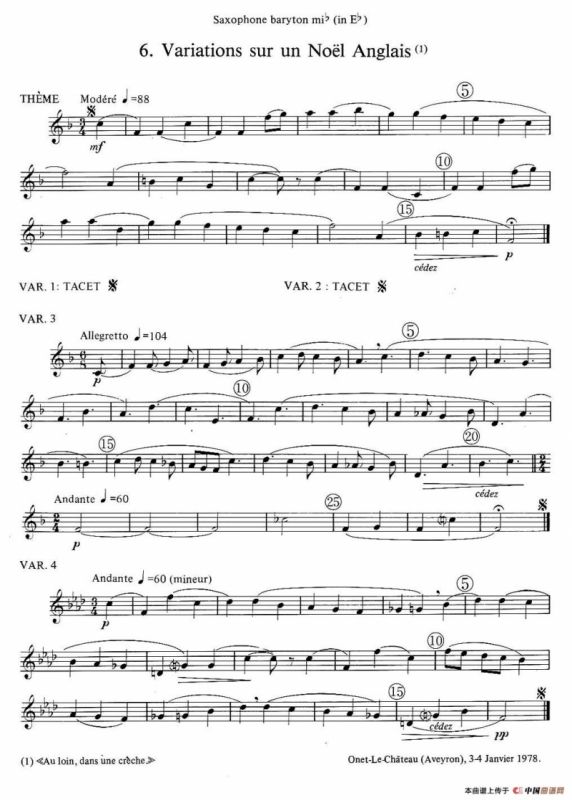 jean Bouvard 编写的6首萨克斯四重奏（低音萨克斯分谱）