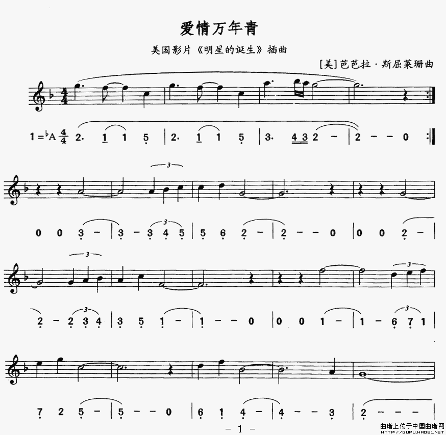 爱情万年青（美国影片《明星的诞生》插曲）（线简谱对照版）