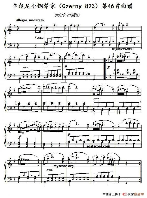 车尔尼《小钢琴家》（Czerny 823）第46首曲谱（曲谱及练习提示）
