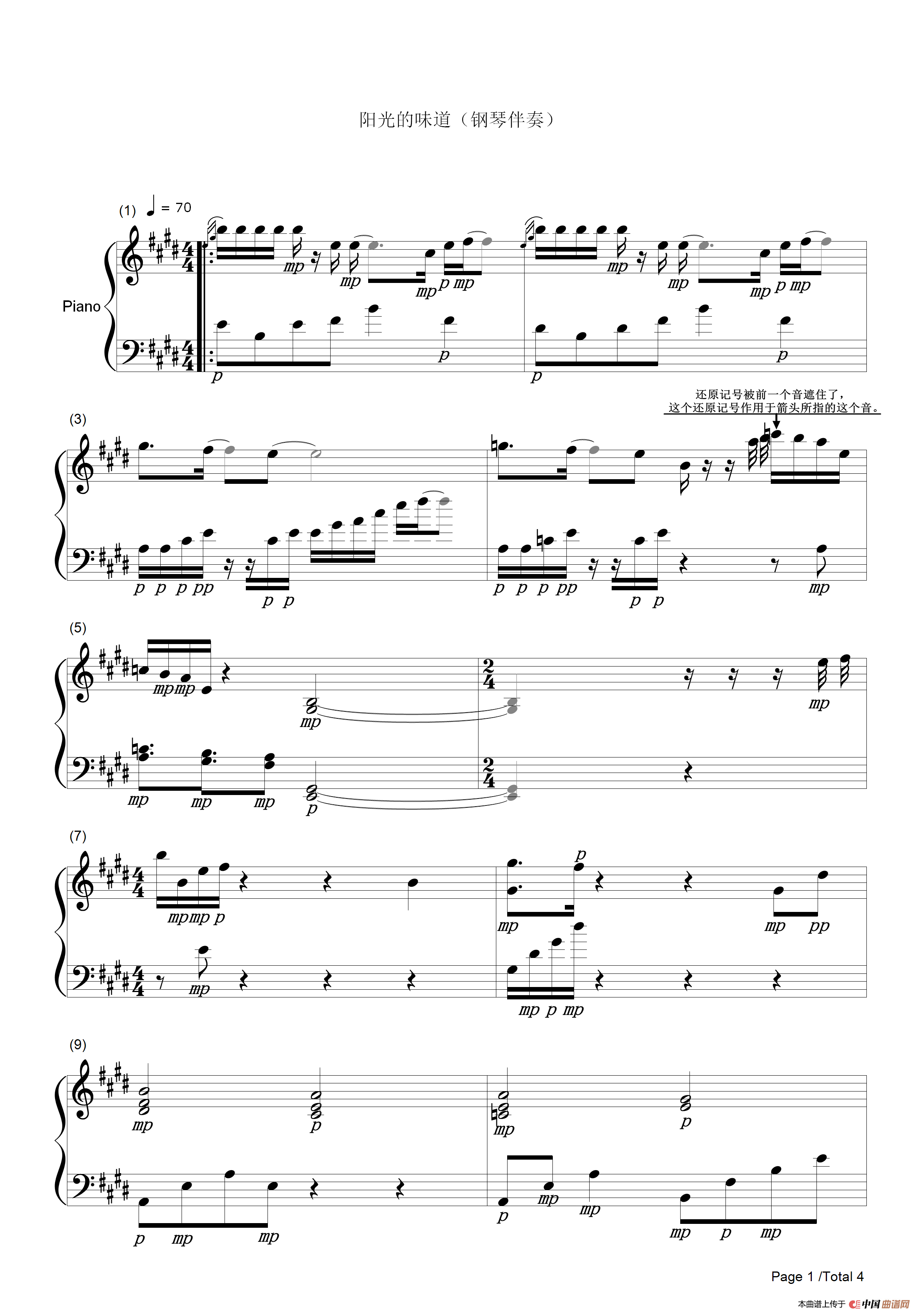 阳光的味道（潘月剑词 王龙曲、钢琴伴奏谱）