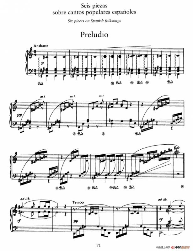Six Pieces on Spanish Folksongs H.125（6首西班牙民谣小品·1. 前奏曲 Preludio）