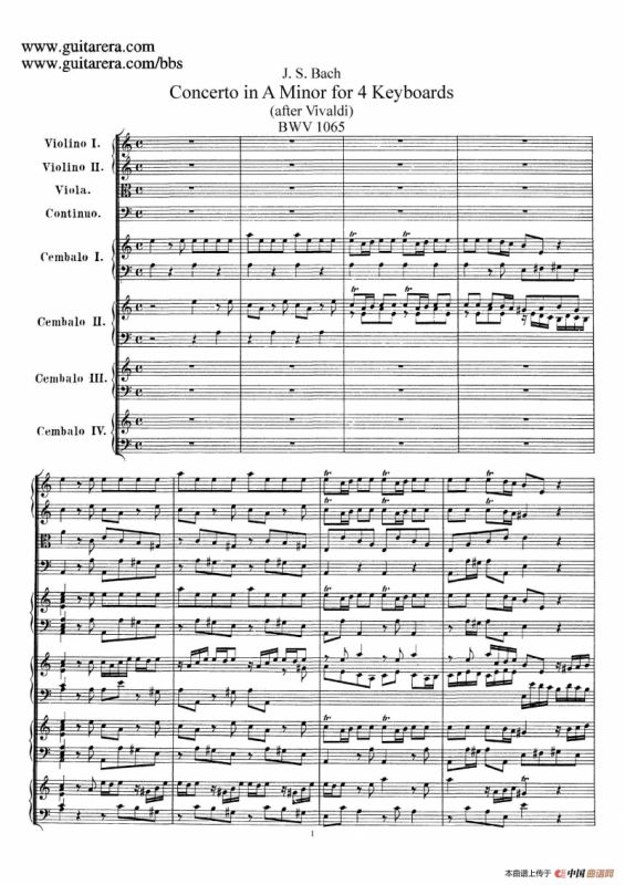 为四架古钢琴而作的a小调协奏曲 BWV 1065（总谱）