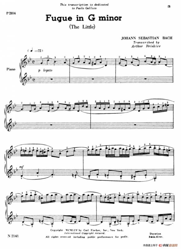 Fugue in g Minor BWV 578（g小调赋格·Briskier改编钢琴独奏版）