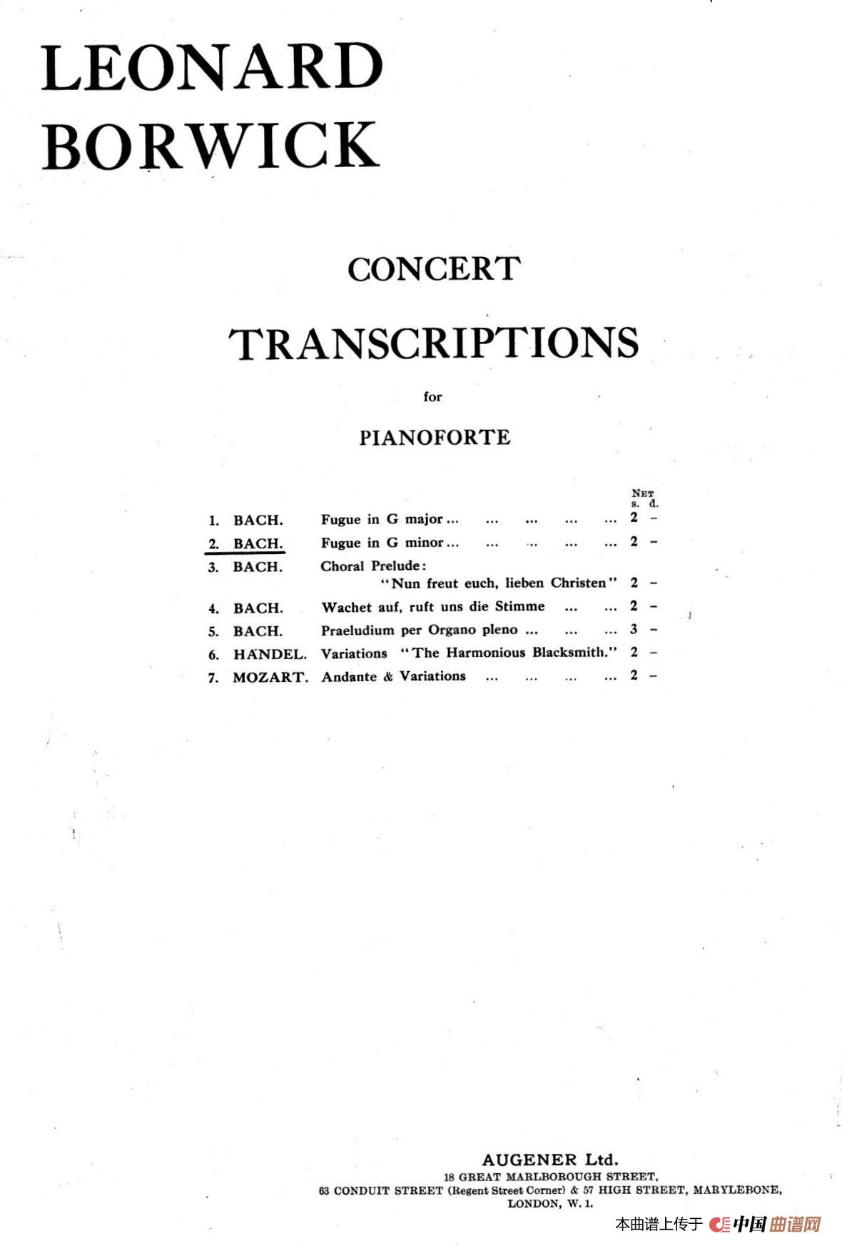 Fugue in g Minor BWV 578（g小调赋格·Borwick改编钢琴独奏版）