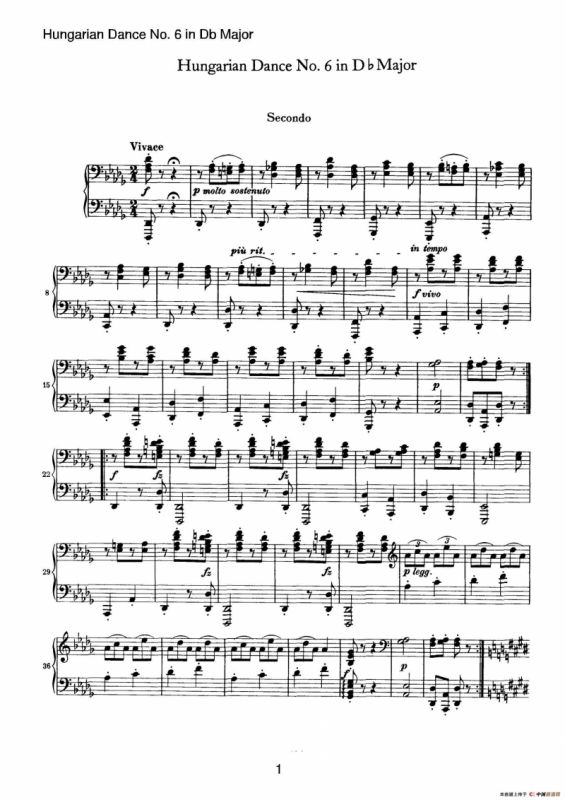 Hungarian Dance for four hands No 6 in Db Major