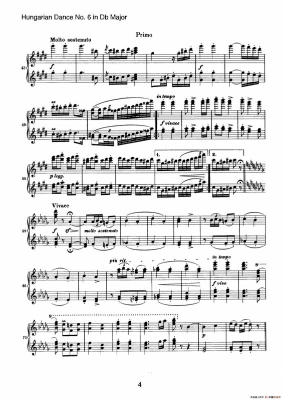 Hungarian Dance for four hands No 6 in Db Major