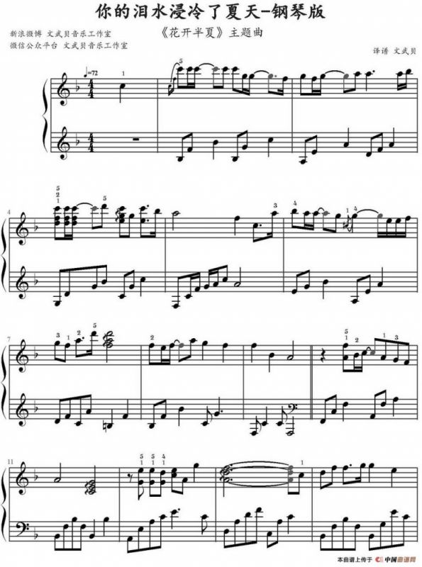 你的泪水浸冷了夏天（《花开半夏》主题曲、文武贝译谱版）