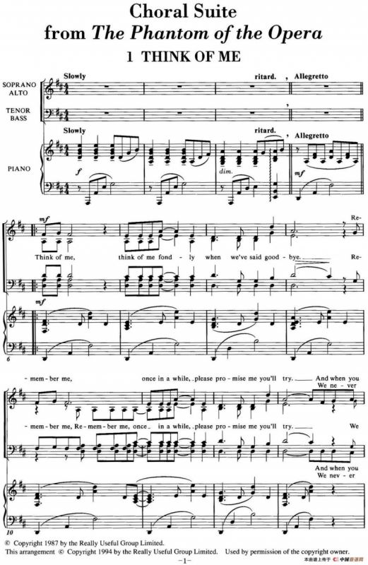 Choral Suite from The Phantom of the Opera（1 THINK OF ME、四重奏）