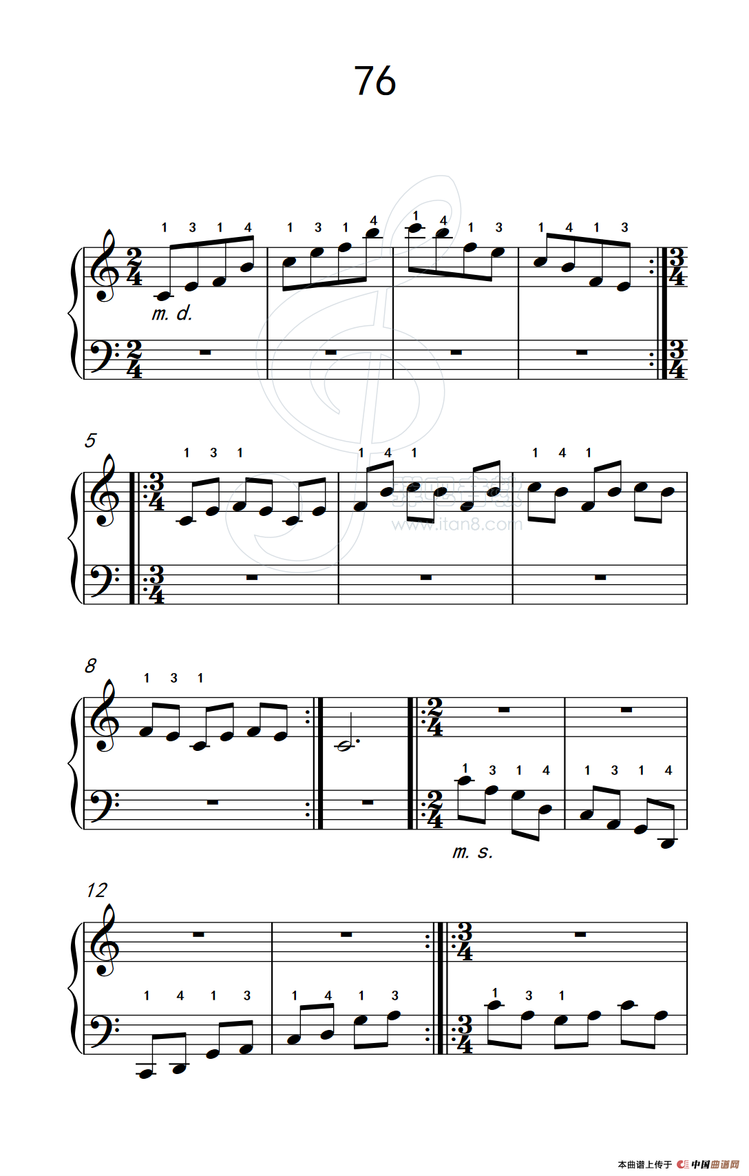 使大指灵活转动的单手练习 76（儿童钢琴手指练习 2）