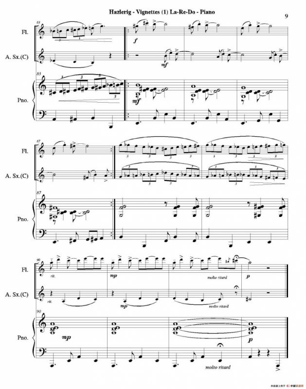 Three jazz vignettes（第一乐章）（三重奏钢琴分谱）