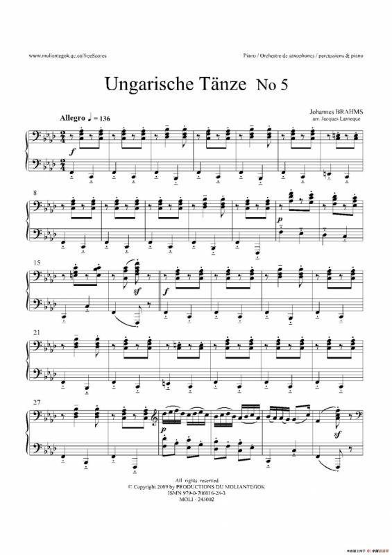 Ungarische Tnze No 5（十五重奏Piano分谱）